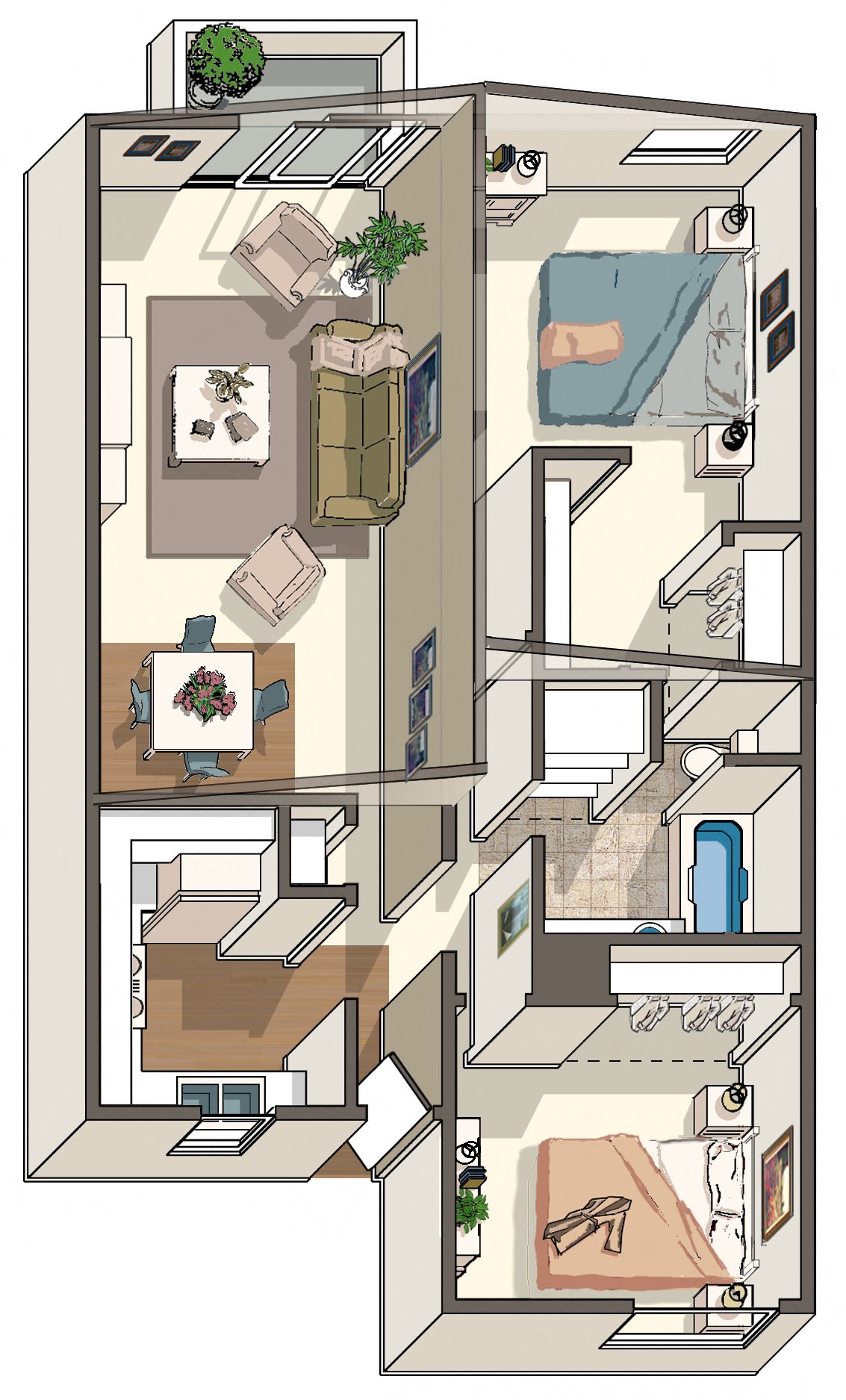 Floor plan for 2 beds, 1 bath, 850 sqft